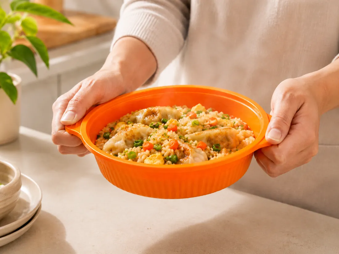 Hands holding fried rice in OH!RANGE