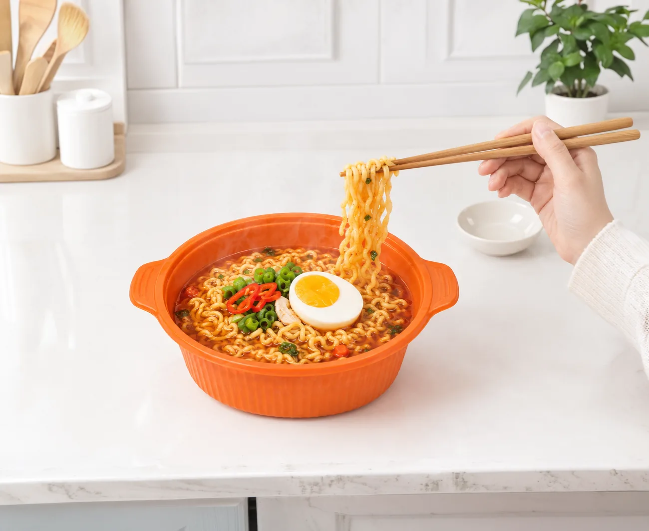Eating the finished ramen